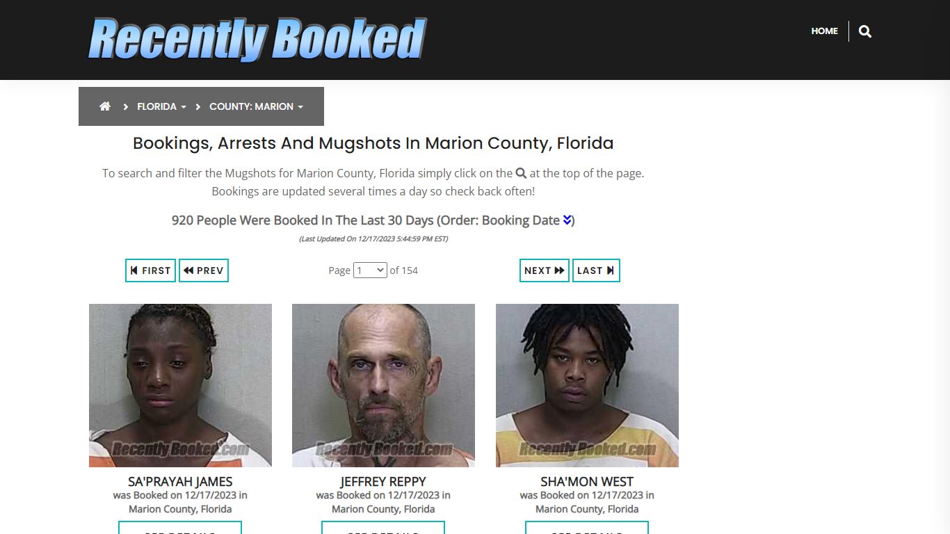 Recent bookings, Arrests, Mugshots in Marion County, Florida